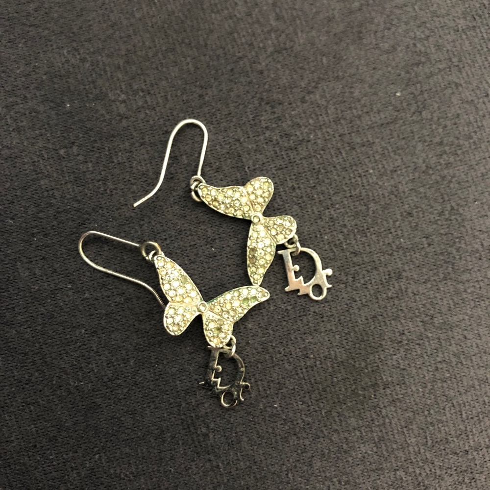 AUTH Dior Crystal Butterfly Logo Drop Earrings